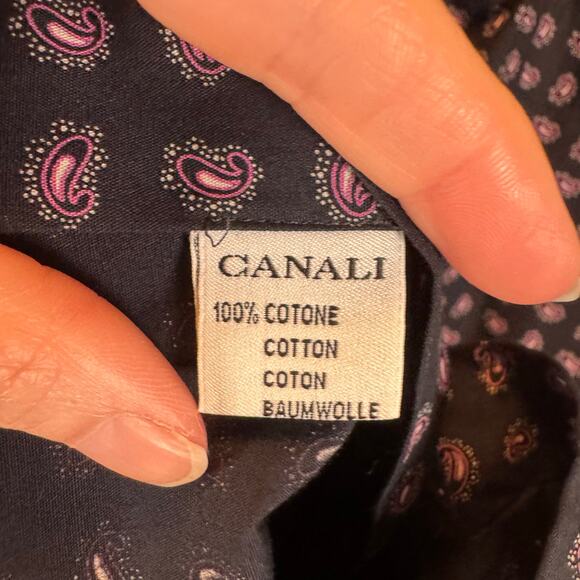 Canali Sportswear Men’s L Paisley Button Down Shirt Navy Pink Cotton Italy Made - Picture 8 of 11